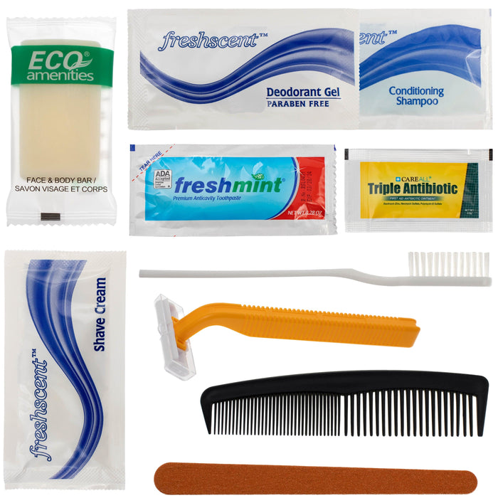 10 Piece Deluxe Wholesale Hygiene Kits - Travel Toiletry Supplies - Bulk Case of 48