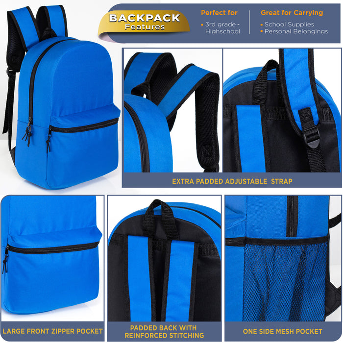 12 Basic 17" Backpacks in 12 Colors with a Side Pocket & Your Choice of 12 Bulk Hygiene Kits - Wholesale Care Package: Homeless, Emergency, Charity