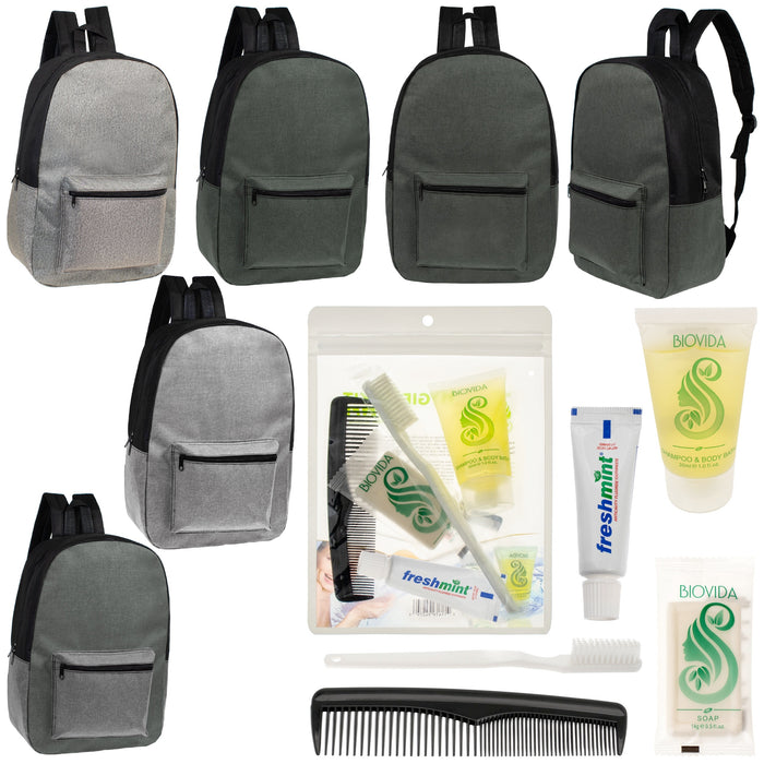 12 Basic Unisex 17" Backpacks in 4 Colors & Your Choice of 12 Bulk Hygiene Kits - Wholesale Care Package: Homeless, Emergency, Charity