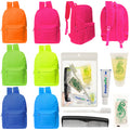 12 Bright Color 17" Backpacks in 6 Colors & Your Choice of 12 Bulk Hygiene Kits - Wholesale Care Package: Homeless, Emergency, Charity