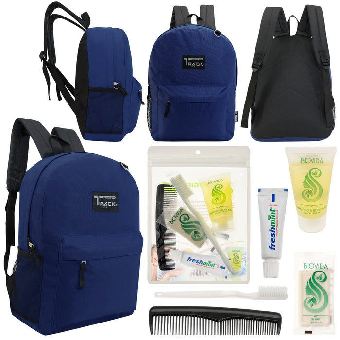 12 Classic 17" Backpacks in Navy Blue & Your Choice of 12 Bulk Hygiene Kits - Wholesale Care Package: Homeless, Emergency, Charity