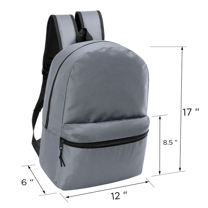 12 Wholesale 17" Basic Backpacks in Cool Gray & 12 Bulk School Supply Kits of Your Choice