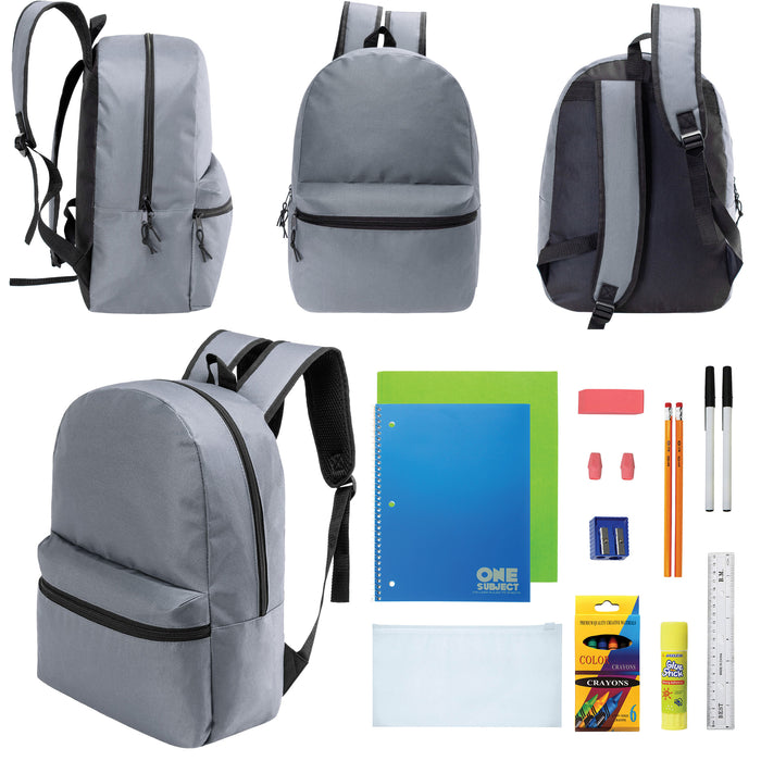 12 Wholesale 17" Basic Backpacks in Cool Gray & 12 Bulk School Supply Kits of Your Choice