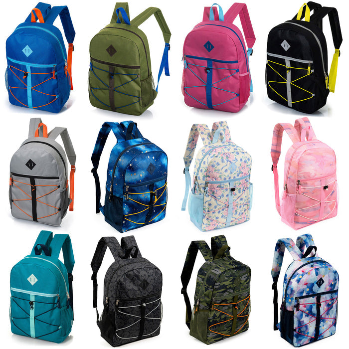 12 Wholesale 17" Bungee Backpack in 12 Colors & 12 Bulk School Supply Kits of Your Choice