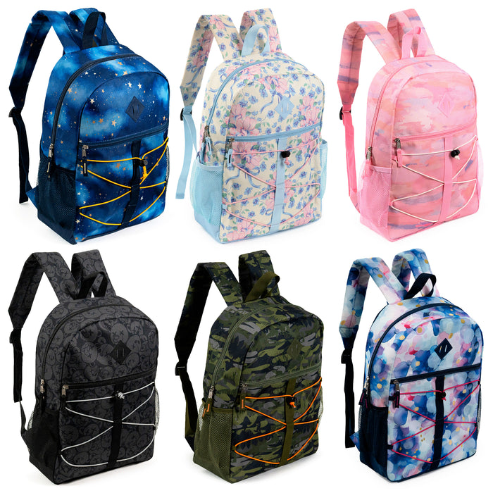 12 Wholesale 17" Bungee Backpack in 6 Prints & 12 Bulk School Supply Kits of Your Choice