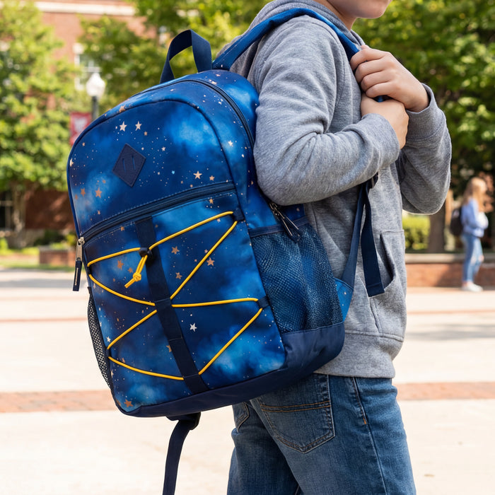 12 Wholesale 17" Bungee Backpack in 6 Prints & 12 Bulk School Supply Kits of Your Choice