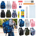 12 Wholesale 17" Bungee Backpack in 6 Prints & 12 Bulk School Supply Kits of Your Choice
