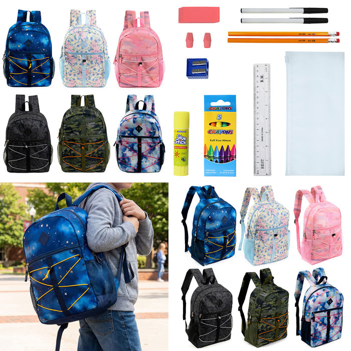 12 Wholesale 17" Bungee Backpack in 6 Prints & 12 Bulk School Supply Kits of Your Choice