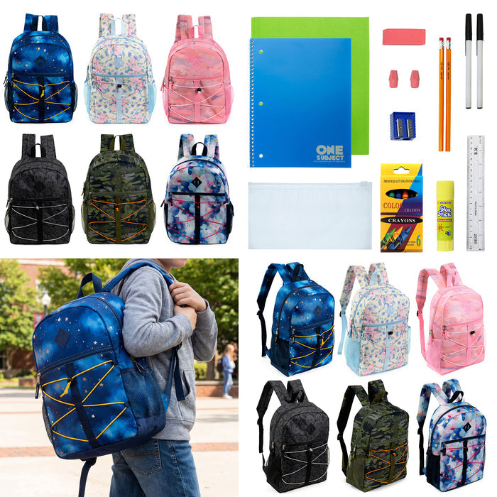 12 Wholesale 17" Bungee Backpack in 6 Prints & 12 Bulk School Supply Kits of Your Choice