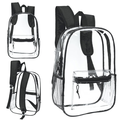 12 Wholesale 17" Clear Backpacks with Black Trim & 12 Bulk School Supply Kits of Your Choice