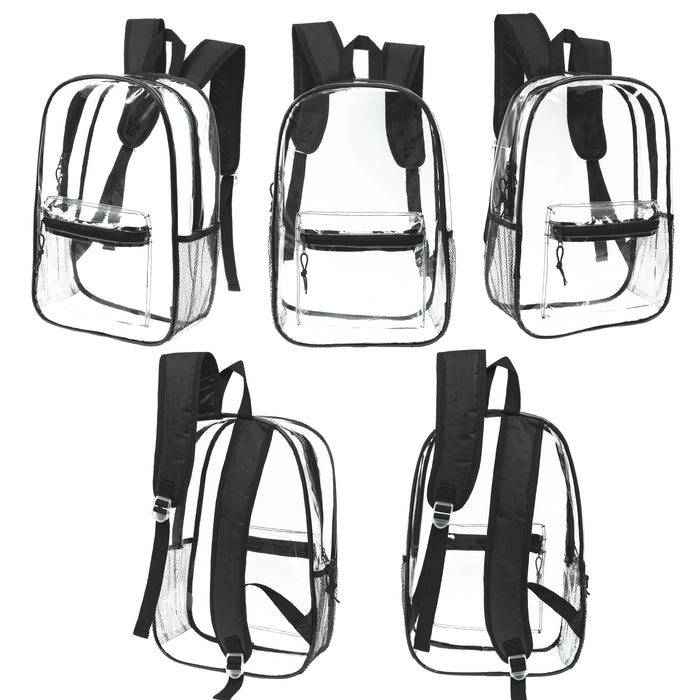 12 Wholesale 17" Clear Backpacks with Black Trim & 12 Bulk School Supply Kits of Your Choice