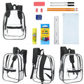 12 Wholesale 17" Clear Backpacks with Black Trim & 12 Bulk School Supply Kits of Your Choice