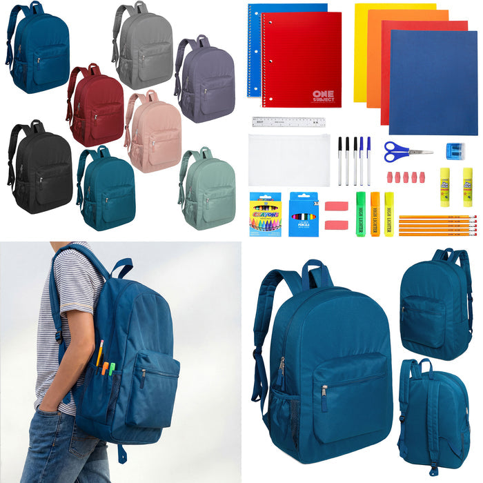 12 Wholesale 17" Deluxe Padded Backpacks & 12 Bulk School Supply Kits of Your Choice