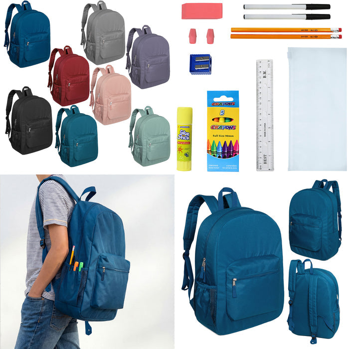 12 Wholesale 17" Deluxe Padded Backpacks & 12 Bulk School Supply Kits of Your Choice