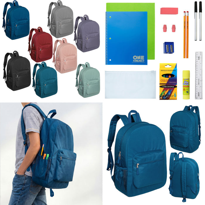 12 Wholesale 17" Deluxe Padded Backpacks & 12 Bulk School Supply Kits of Your Choice
