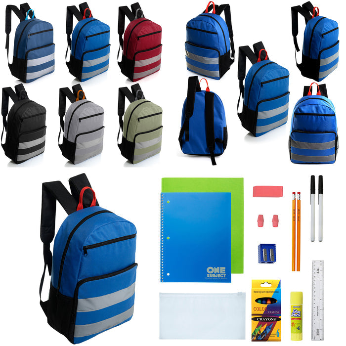 12 Wholesale 17" Reflective Backpacks in Assorted Colors & 12 Bulk School Supply Kits of Your Choice