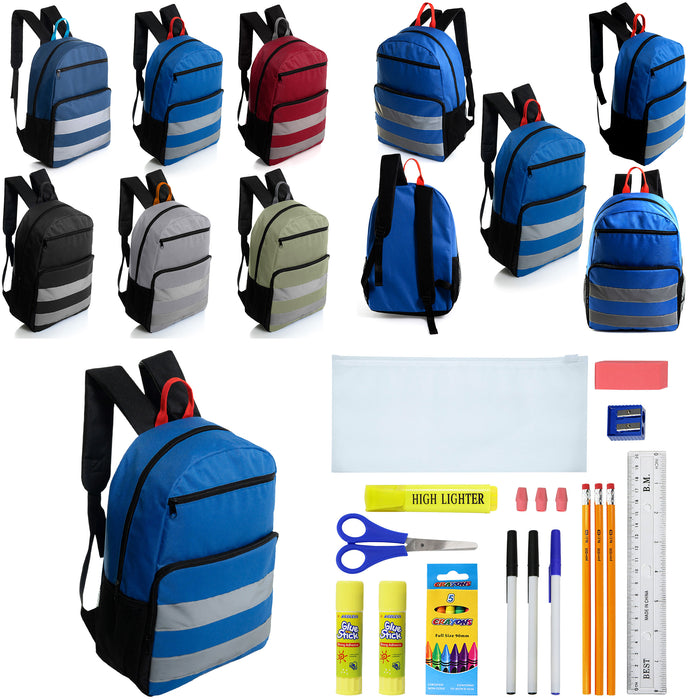 12 Wholesale 17" Reflective Backpacks in Assorted Colors & 12 Bulk School Supply Kits of Your Choice