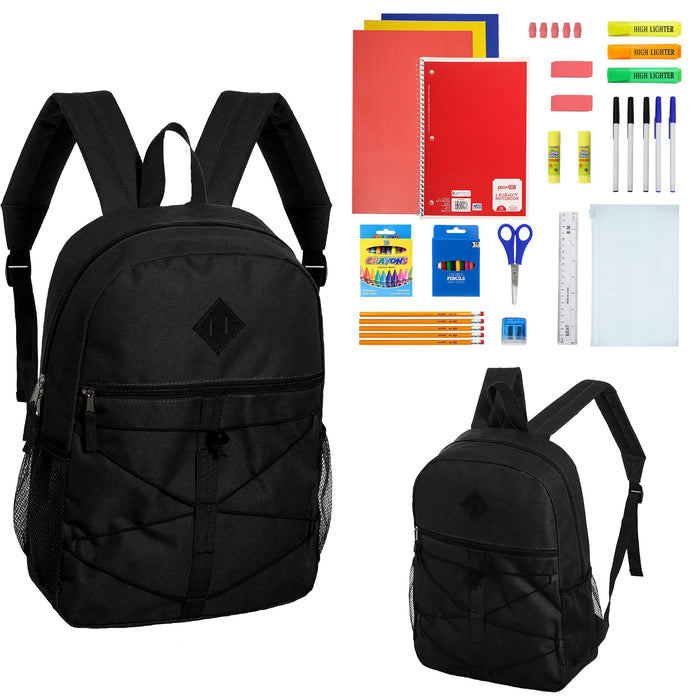 12 Wholesale 18" Black Bungee Backpacks & 12 Bulk School Supply Kits of Your Choice