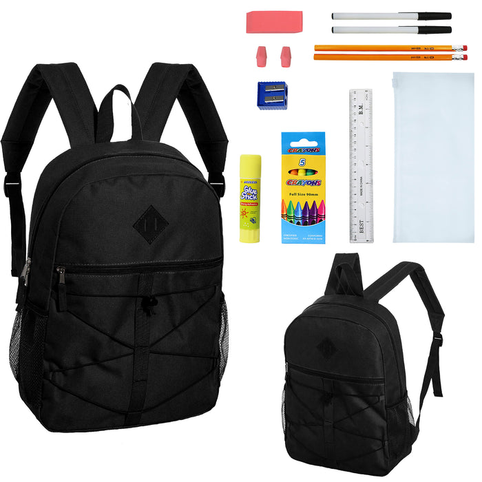 12 Wholesale 18" Black Bungee Backpacks & 12 Bulk School Supply Kits of Your Choice