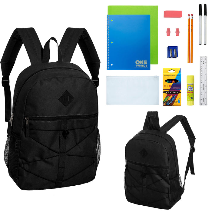 12 Wholesale 18" Black Bungee Backpacks & 12 Bulk School Supply Kits of Your Choice