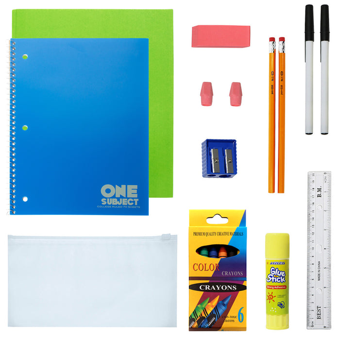 12 Wholesale 18" Black Bungee Backpacks & 12 Bulk School Supply Kits of Your Choice