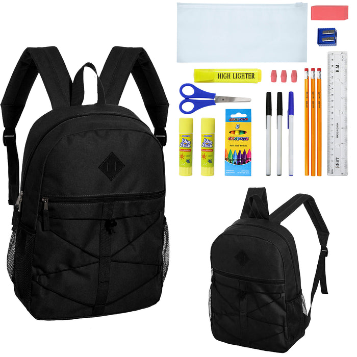 12 Wholesale 18" Black Bungee Backpacks & 12 Bulk School Supply Kits of Your Choice