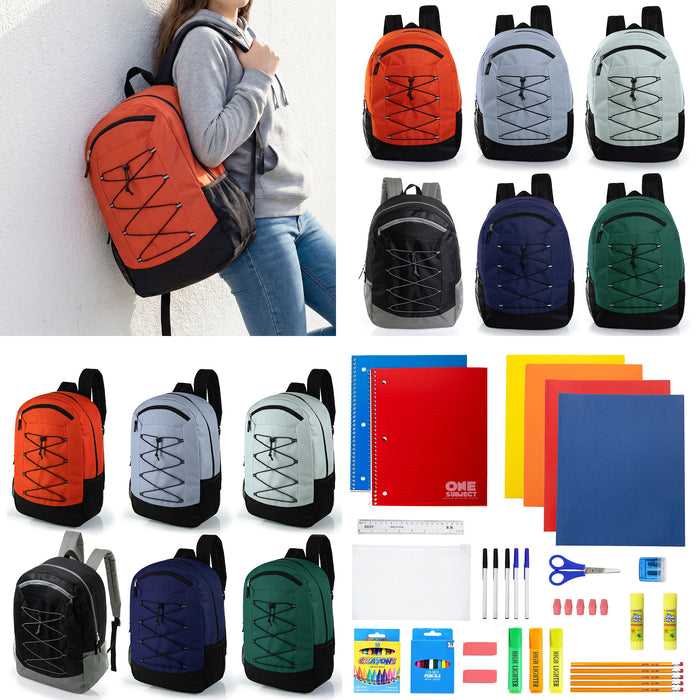 12 Wholesale 19" Bungee Backpack in 6 Colors & 12 Bulk School Supply Kits of Your Choice