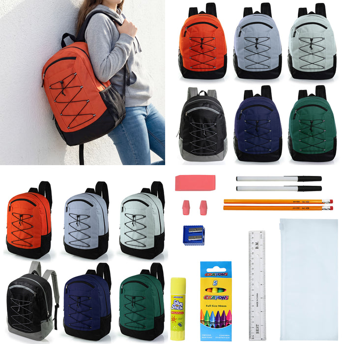 12 Wholesale 19" Bungee Backpack in 6 Colors & 12 Bulk School Supply Kits of Your Choice