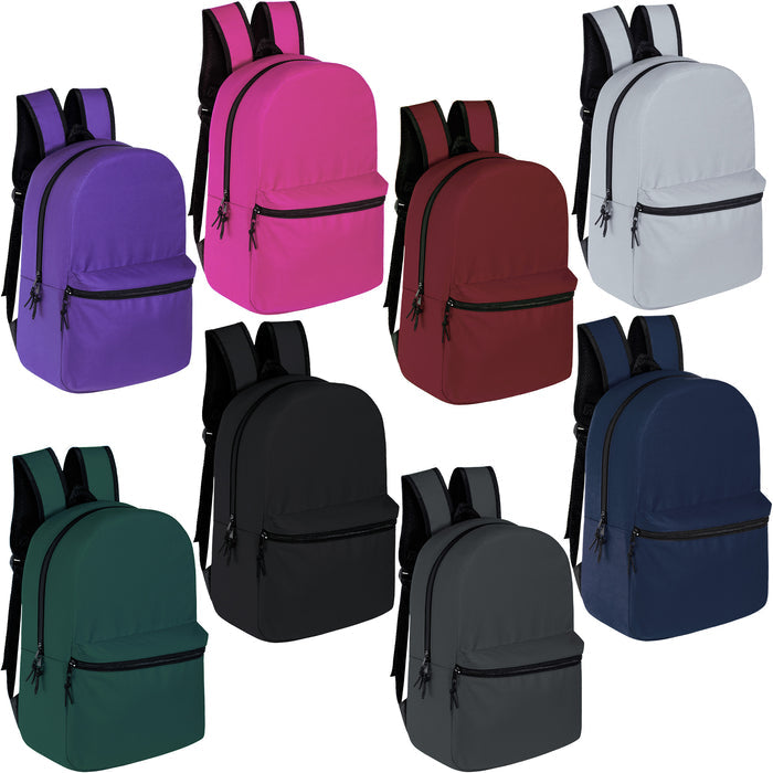 15" Basic Wholesale Backpacks in 8 Colors for Back to School Kids - Bulk Case of 24