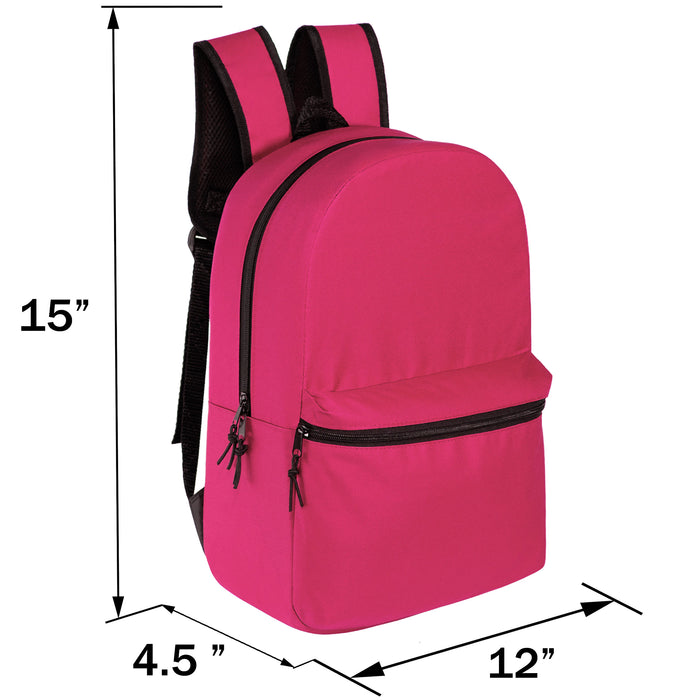 15" Basic Wholesale Backpacks in 8 Colors for Back to School Kids - Bulk Case of 24