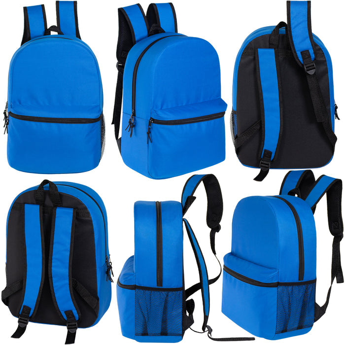 15" Basic Wholesale Backpacks in 8 Colors for Back to School Kids - Bulk Case of 24
