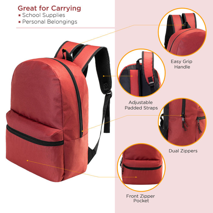 15" Basic Wholesale Backpacks in 8 Colors for Back to School Kids - Bulk Case of 24