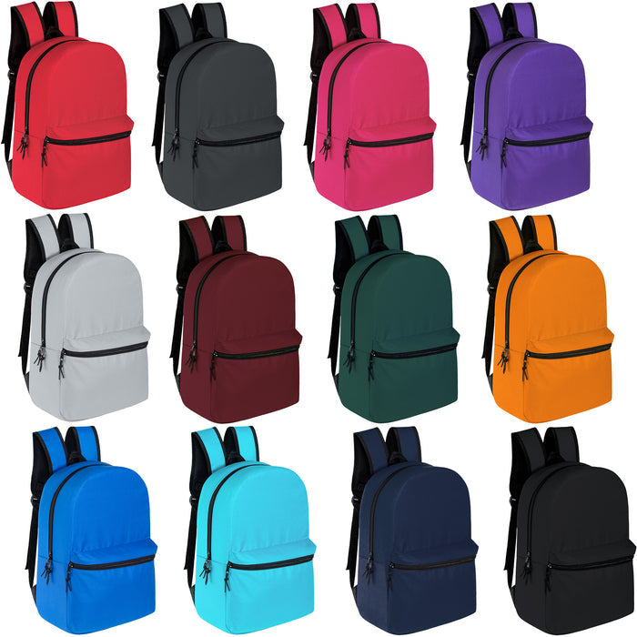 Product lineup showing a backpack available in 12 solid colors, including red, charcoal, pink, purple, white, burgundy, dark green, orange, royal blue, turquoise, navy, and black.