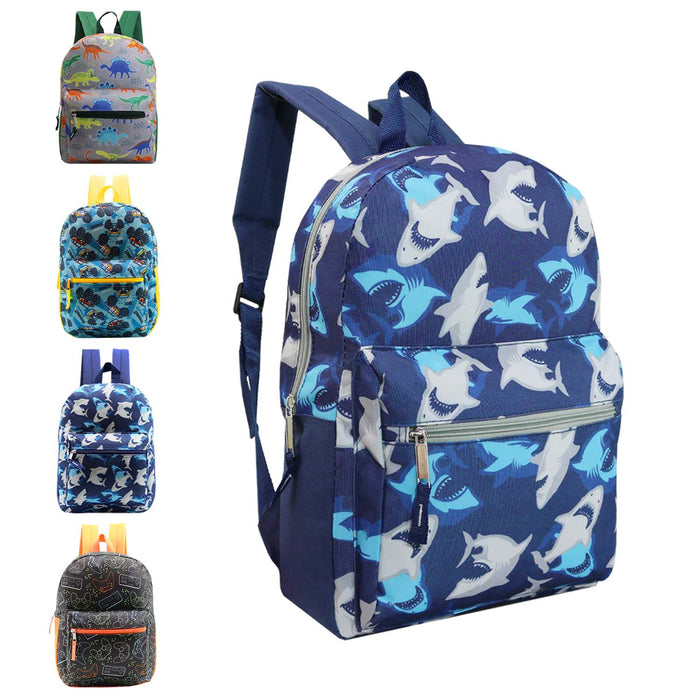 Blue camouflage backpack with white shark silhouettes. Smaller thumbnail images display additional pattern and color options.