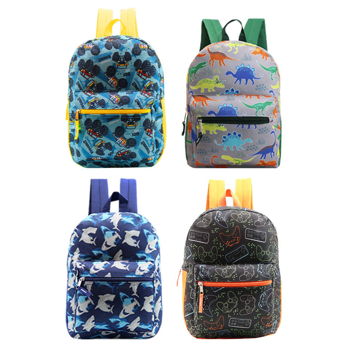 Collection of four children's backpacks featuring colorful patterns, including monster trucks, dinosaurs, sharks, and gaming controllers.
