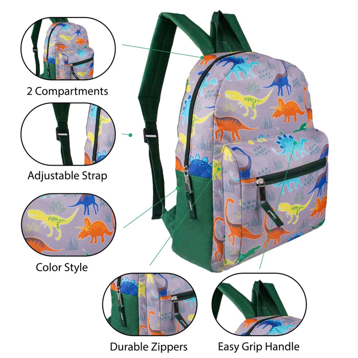 Graphic highlighting close-up images of a gray backpack with colorful dinosaur print, adjustable shoulder straps, mesh side pocket, and front zippered pocket.