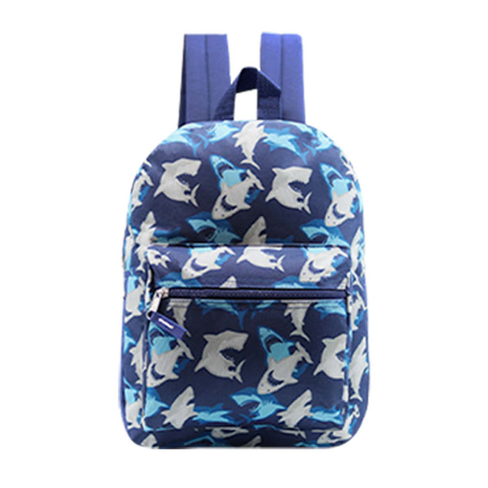 Front view of a blue camouflage backpack with white shark silhouettes.