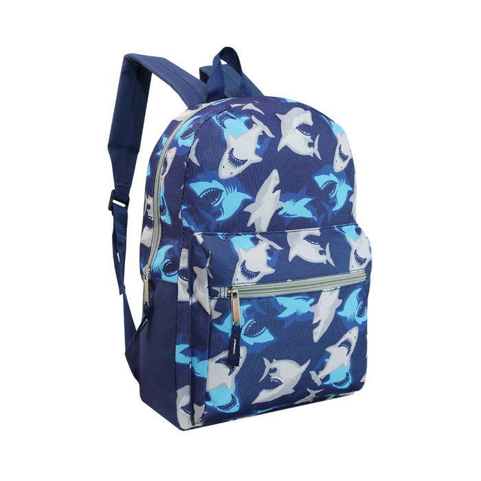 Angled view of a blue camouflage backpack with white shark silhouettes.