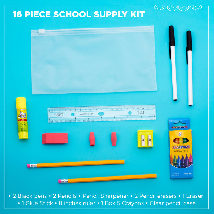 16 Piece Basic Wholesale School Supply Kits for Kids - Bulk Case of 48 Kits