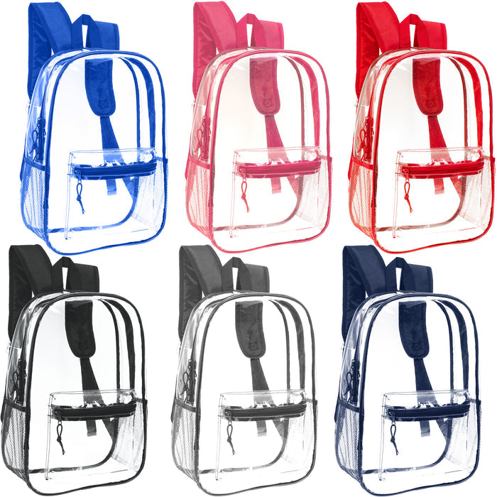 17" Clear Wholesale Backpack | 6 Colors | 2 Side Pockets - Bulk Case of 24 Bookbags