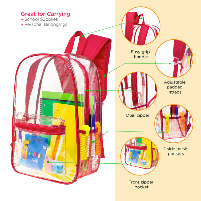 17" Clear Wholesale Backpack | 6 Colors | 2 Side Pockets - Bulk Case of 24 Bookbags
