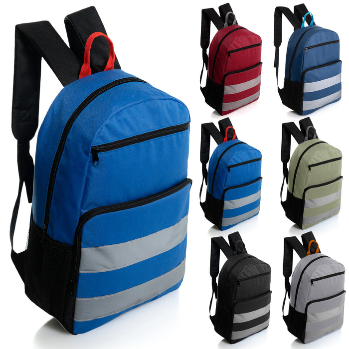 17" Double Reflective Wholesale Backpack in 6 Colors - 2 Side Pockets - Bulk Case of 24 Bookbags