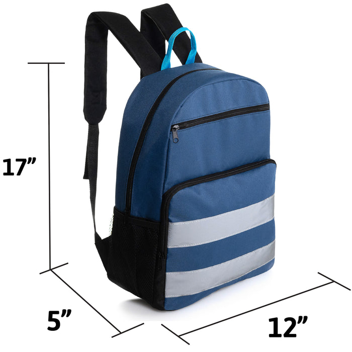 17" Double Reflective Wholesale Backpack in 6 Colors - 2 Side Pockets - Bulk Case of 24 Bookbags