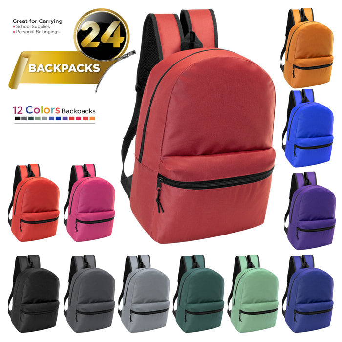 Bulk case of 24 backpacks wholesale in assorted colors.