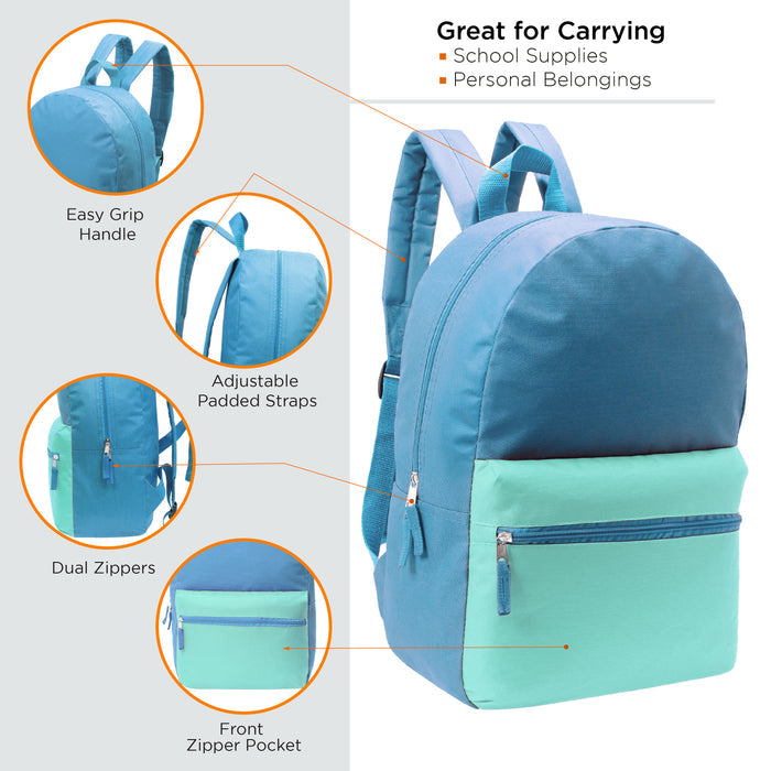 A close-up of colorful 2 tone bulk backpacks arranged on shelves.