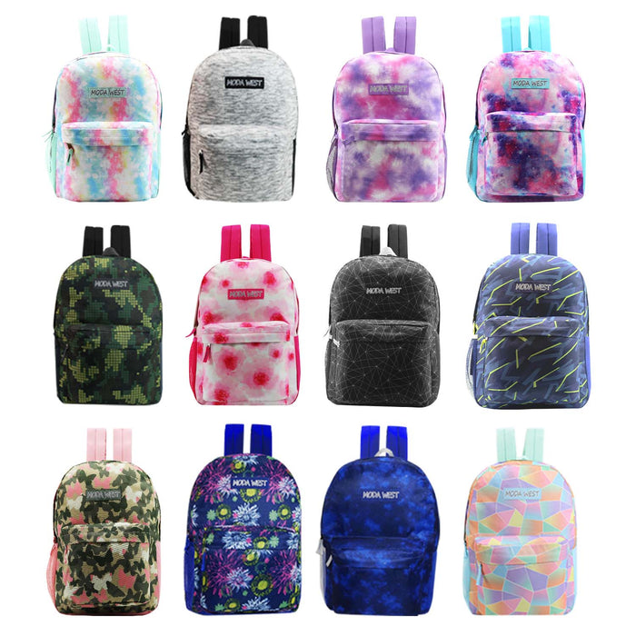 17" Patterned Wholesale Backpack in 12 Assorted Prints - Bulk Case of 24 Bookbags
