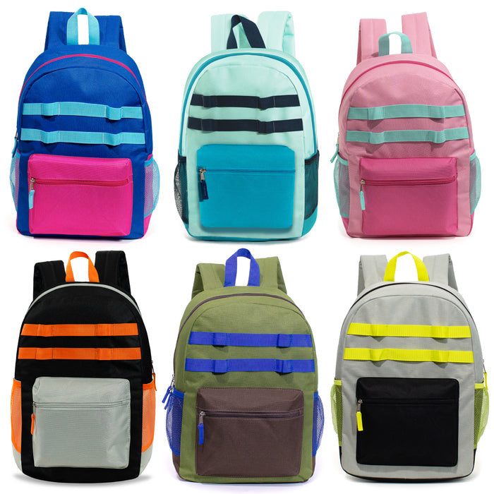 17" Wholesale Backpacks | 2 Different Prints | Dual Mesh Side Pockets - Bulk Case of 24 Bookbags