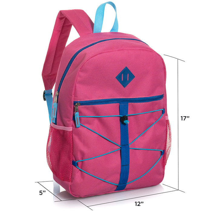 17" Wholesale Bungee Backpacks in 6 Colors with Side Pockets - Bulk Case of 24 Bookbags