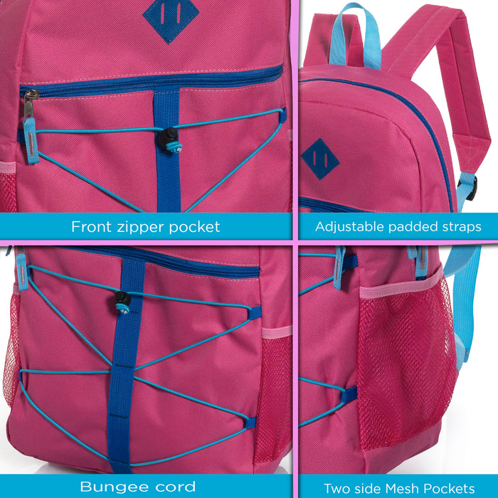 17" Wholesale Bungee Backpacks in 6 Colors with Side Pockets - Bulk Case of 24 Bookbags