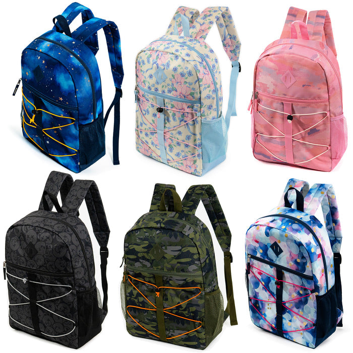 17" Wholesale Bungee Backpacks with Side Pockets in 6 Patterns - Bulk Case of 24 Bookbags